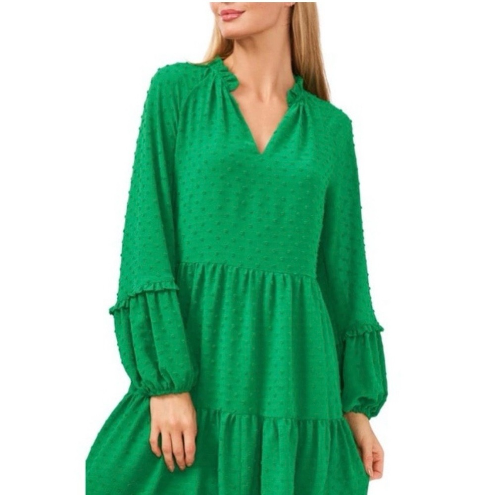 CeCe Emerald Green Long Sleeve Tiered Swiss Dot Dress medium